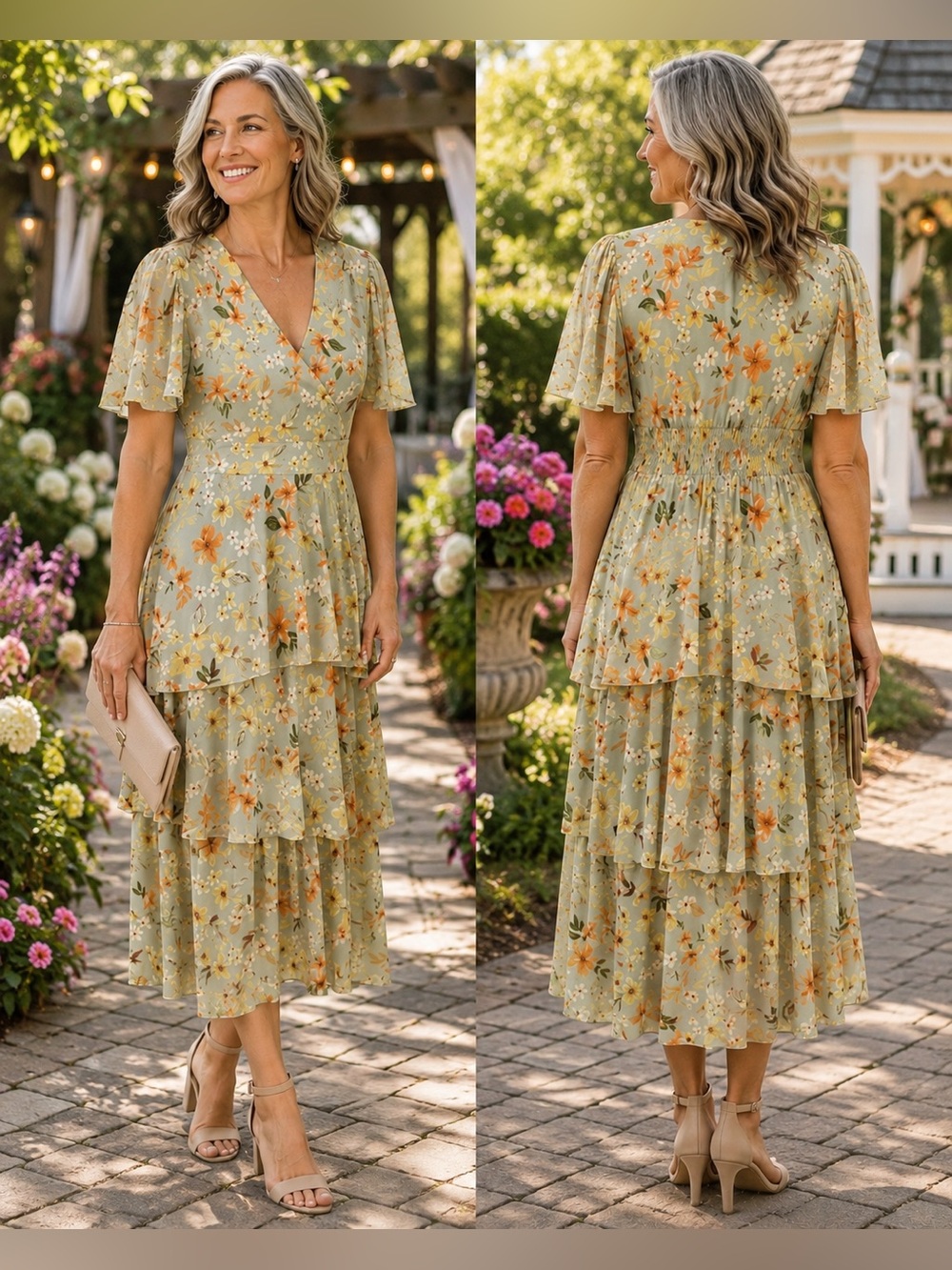 Siren Lily Sage Green Floral Tiered Midi Dress